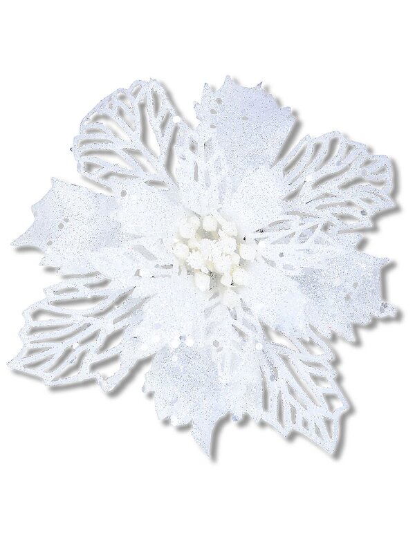 White Iridescent Glitter Poinsettia Bract & Leaf Christmas Clip Pick | 18cm