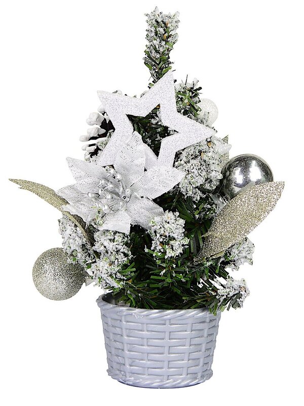18cm White Poinsettia & Silver Decorations Tabletop Christmas Tree Ornament
