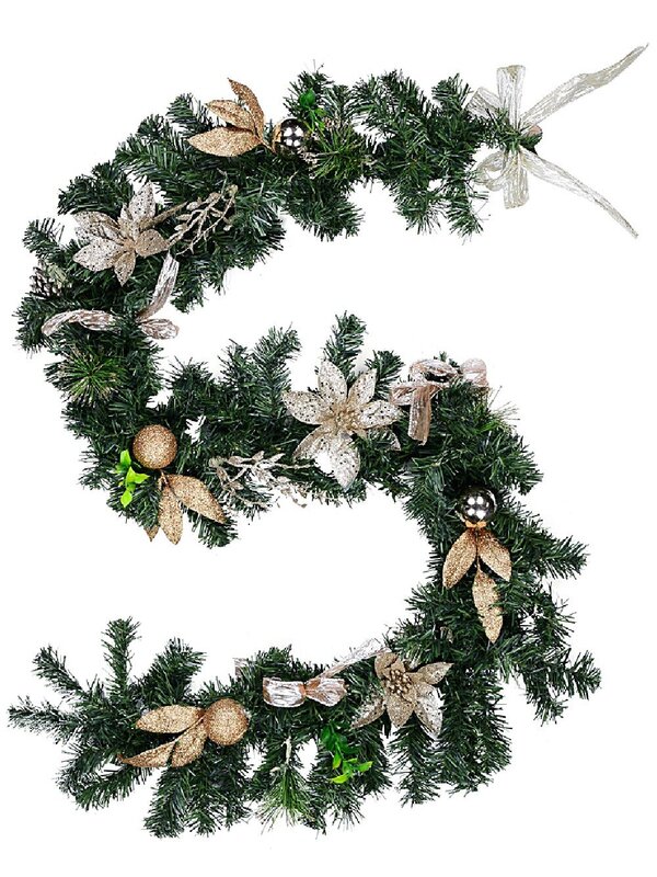 1.8m Decorated Gold & Champagne Mix Foliage & Floral Pine Garland