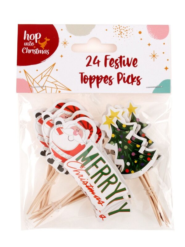 24x Christmas Cake Topper Picks | Festive Cupcake & Dessert Decorations
