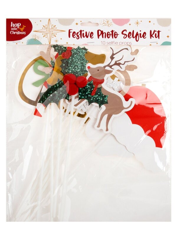 10 Pack Festive Photo Selfie Kit | Novelty Holiday Party Props On Sticks