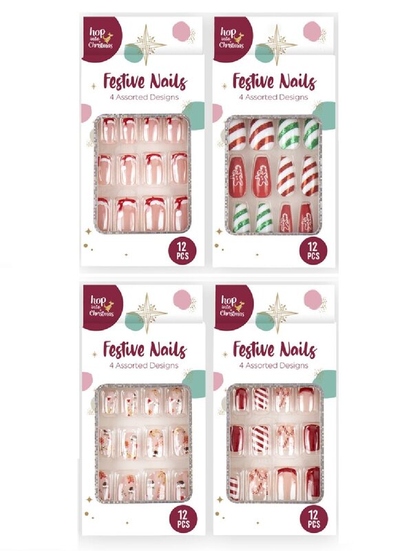 Assorted 12 Pack Festive Press On Nails | Christmas False Nails Set