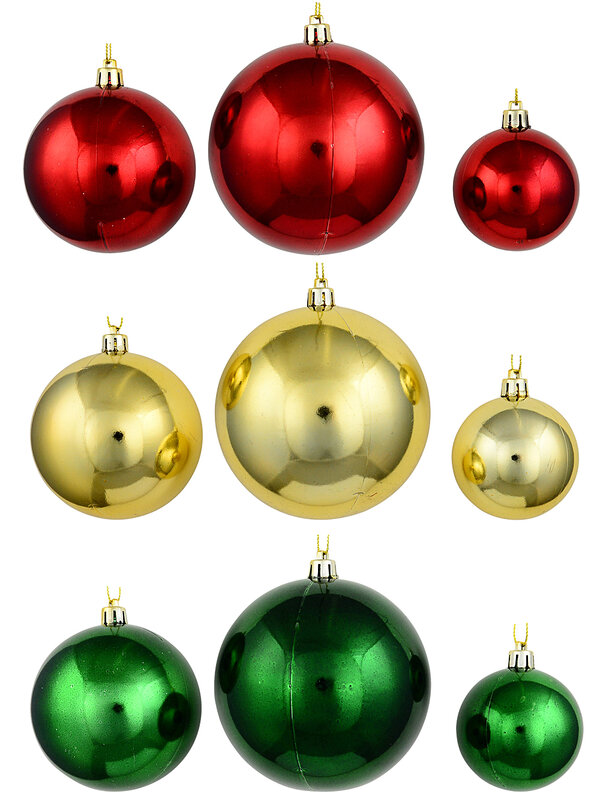 63x Heritage Red Green & Gold Shiny Metallic Bauble Starter Pack | 60mm-10cm