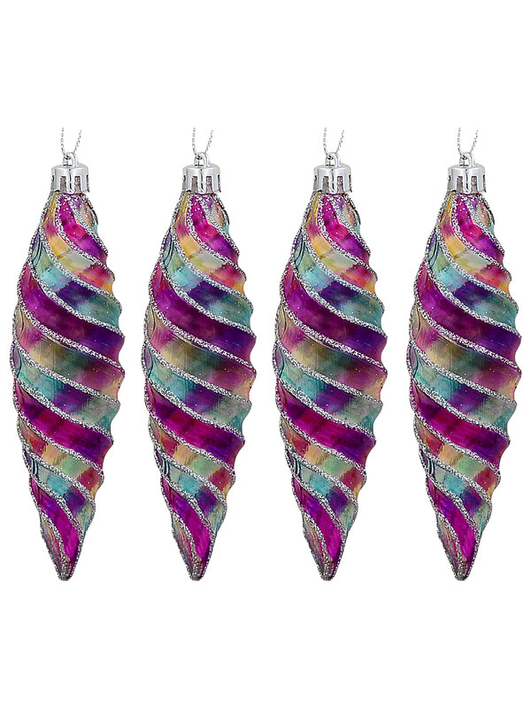 4x Whimsical Jewel Tone Iridescent Signature Spiral Silver Finial Drops | 13cm