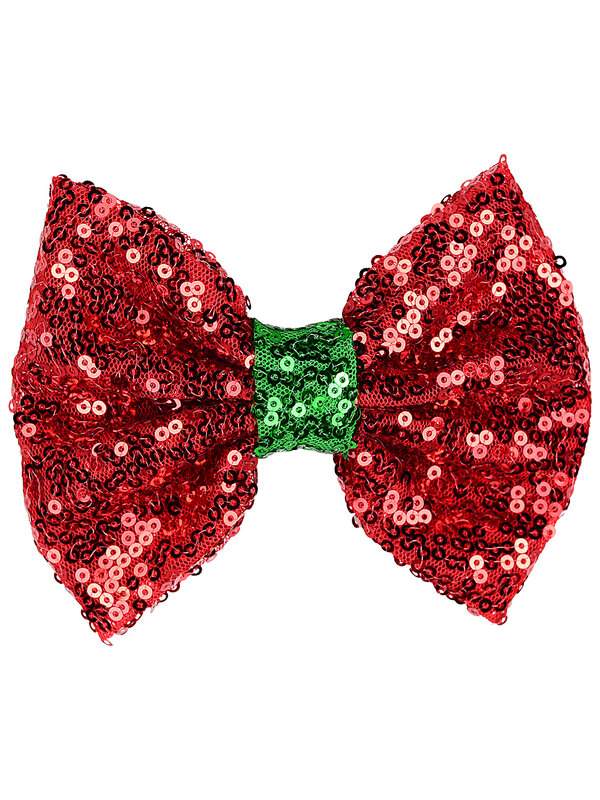 Vibrant Red Sequin Christmas Bow Hair Clip With Green Center Knot | 11cm