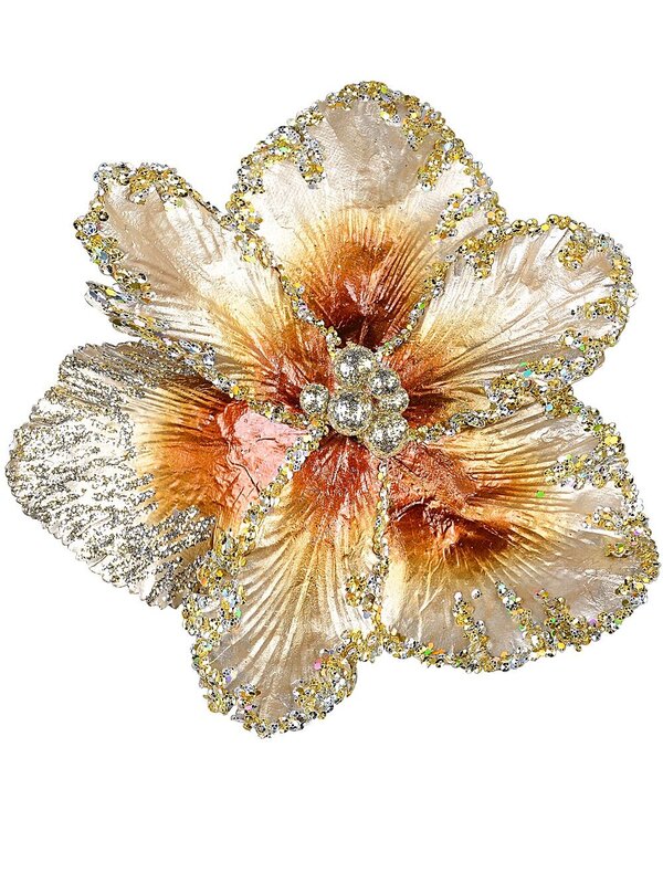 20cm Platinum & Brown With Sequins Tulip Flower Christmas Tree Clip Pick