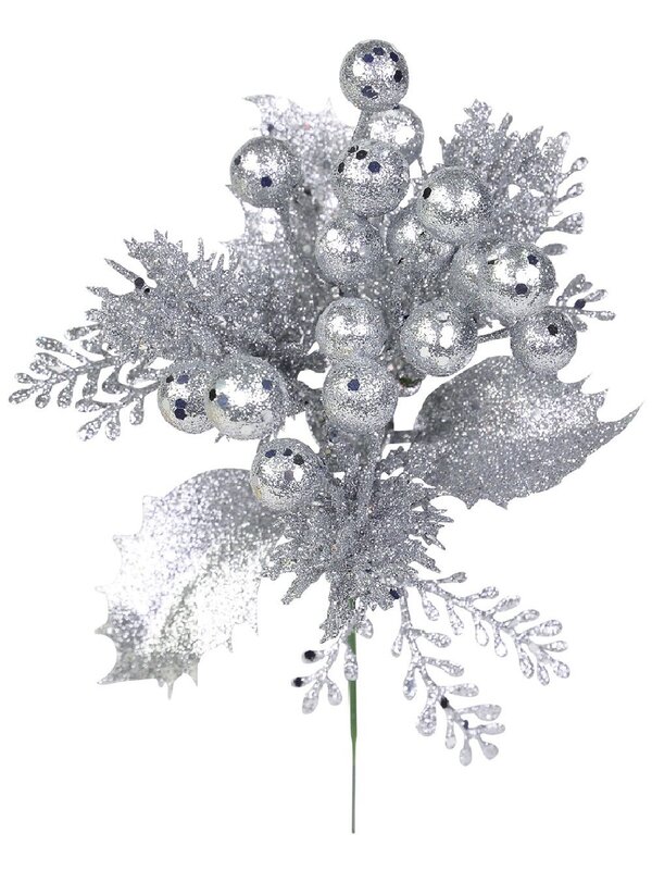 20cm Silver Berries With Twigs & Leaves Foliage Christmas Tree Stem Pick