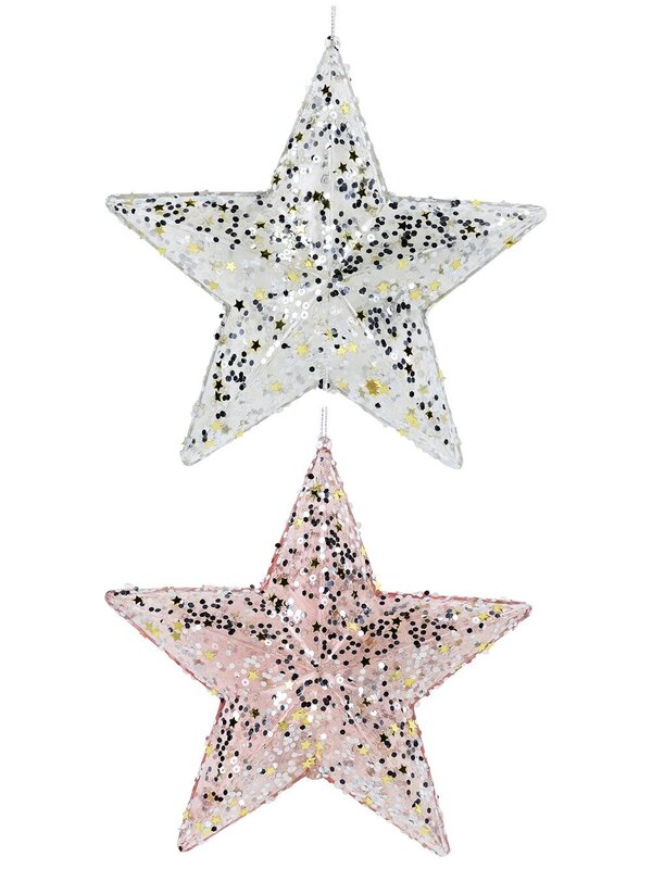 2x Clear Pink & White Sequin Star Whimsical Essential Ornaments | 17cm