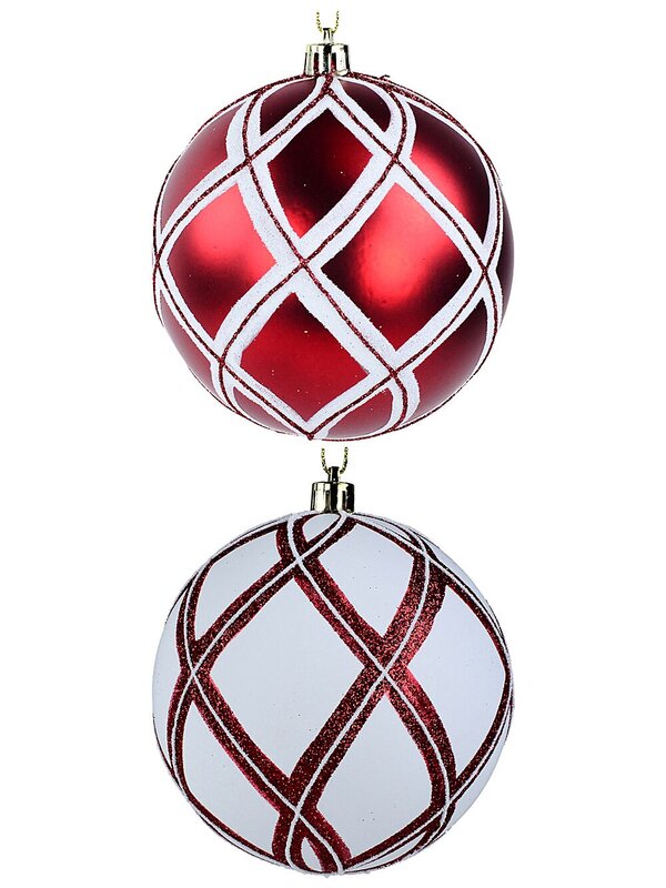 2x Dynamic Red & White Signature Glitter Diamond Line Baubles | 10cm