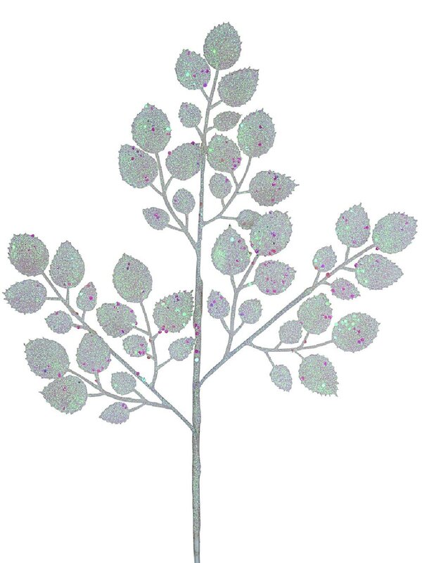 White & Iridescent Glitter Holly Leaf Look Long Christmas Stem | 47cm