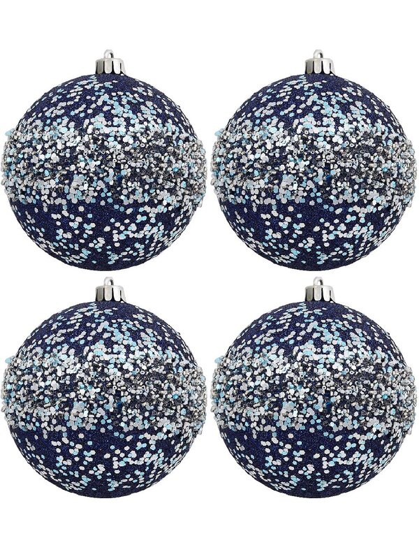 4x 10cm Dark Blue Glitter Baubles With Silver Sequins, Flecks & White Beads