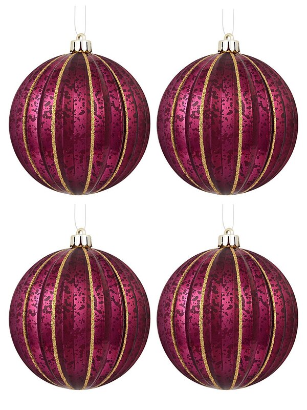 4x 10cm Matte & Shiny Burgundy Baubles With Antique Finish & Glitter Lines