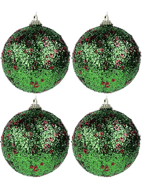 4x Dynamic Green Glitter Statement Red Star Baubles | 80mm