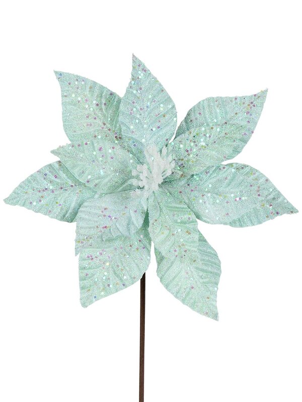 Fairy Floss Turquoise Poinsettia With Sequins Long Christmas Stem | 55cm