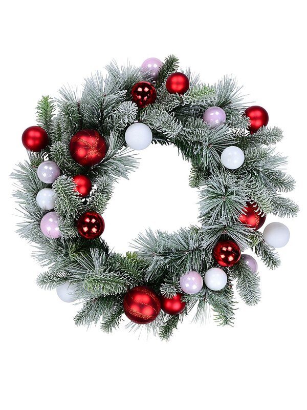 60cm Festive Frost Christmas Wreath With Red, Pink & White Winter Fir