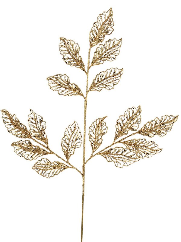 Gold Glitter Filigree Netted Vein Leaves Spray Long Christmas Stem | 66cm