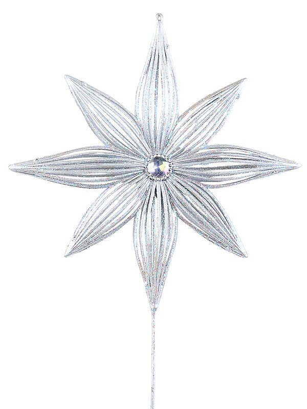 Matte Silver Wire Frame Look Christmas Star With Glitter Long Stem | 67cm