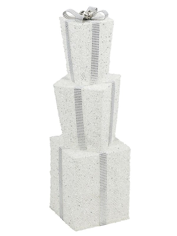 Tiered White & Silver Layered Tinsel Gift Boxes Large Display Decoration | 70cm