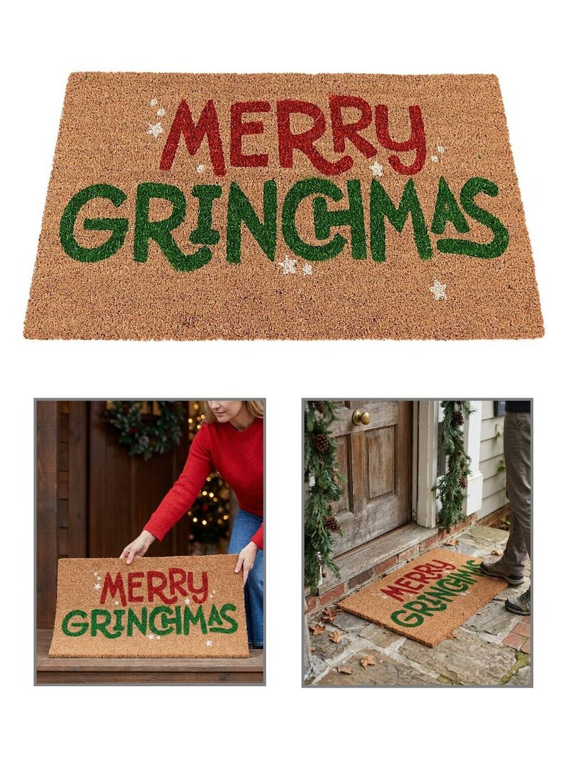 75cm Dr. Seuss Merry Grinchmas Doormat | Natural Coir Style Holiday Entry Mat