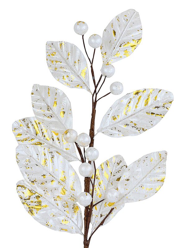 White & Gold Magnolia Leaf & Berry Spray Long Christmas Stem | 78cm