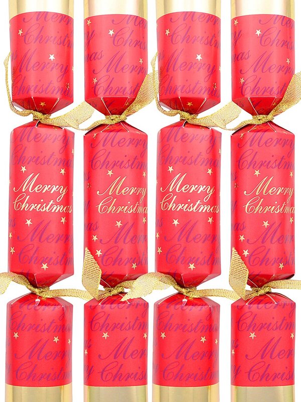 8x Red With Gold Stars & Merry Christmas Bon Bons (Crackers) | 25cm