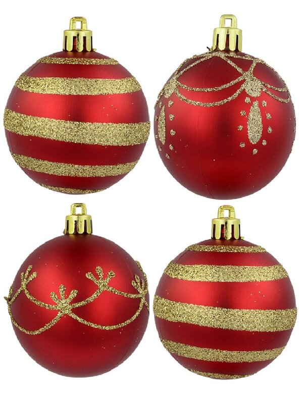 9x 60mm Red Baubles With Gold Stripe, Draped & Ornate Designs