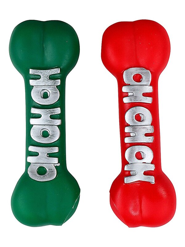 Assorted Red Or Green Squeaky Vinyl Dog Bone Toy | 23cm Ho Ho Ho Design