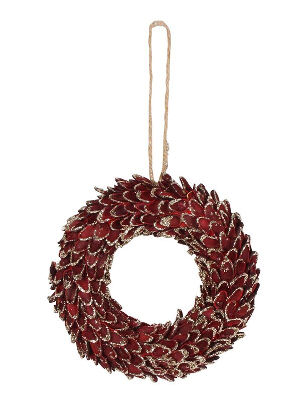 Burgundy With Gold Glitter Cascade Wreath Hanging Decoration - 14cm