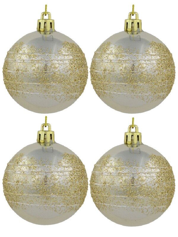 Champagne Pearl Baubles With Gold Glitter & White Stripes - 12 x 60mm