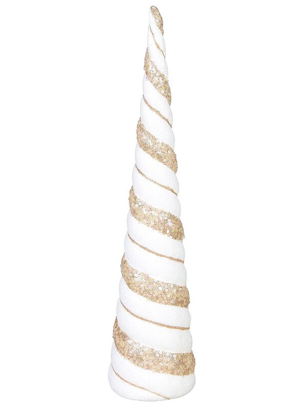 Champagne & White With Glitter & Sequins Conical Shape Table Top Tree - 43cm