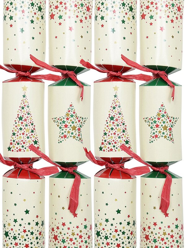 Cream With Red, Gold & Green Christmas Stars Cracker Bon Bons - 50 x 26cm