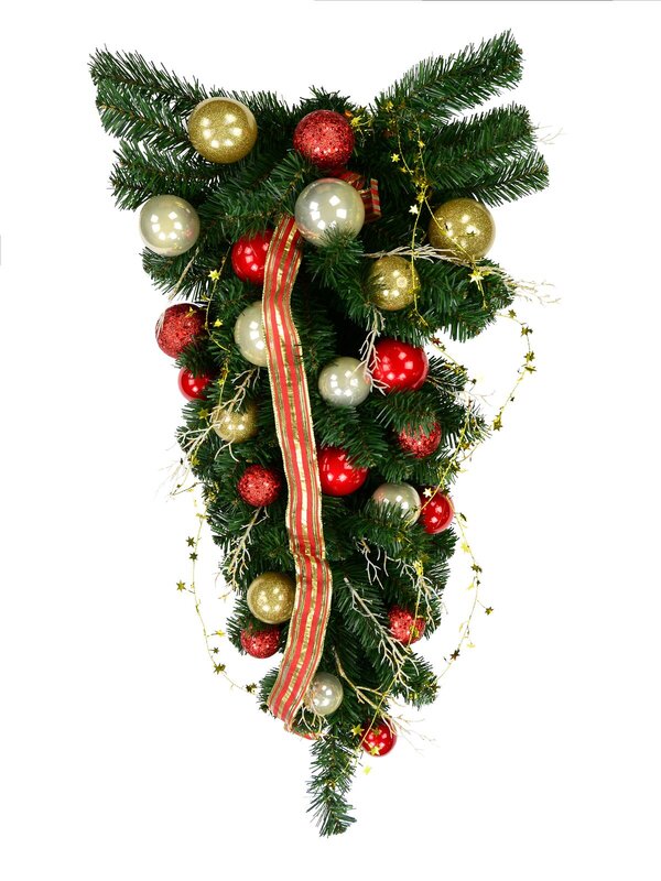 Decorated Red & Gold Bauble, Ribbon & Twigs Pine Teardrop Swag - 90cm
