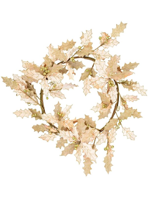 Decorative Two Leaf Style Pink Holly With Gold Berries Wreath - 60cm