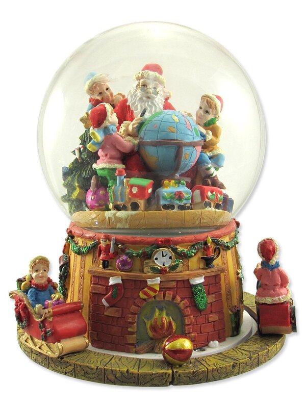 Dual Rotating Santa & Kids With World Snowglobe - 18cm
