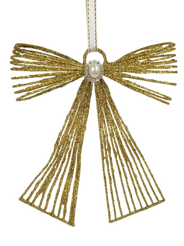 Gold Glitter Metal Ribbon Hanging Ornament with Pearl Embellishment - 12cm
