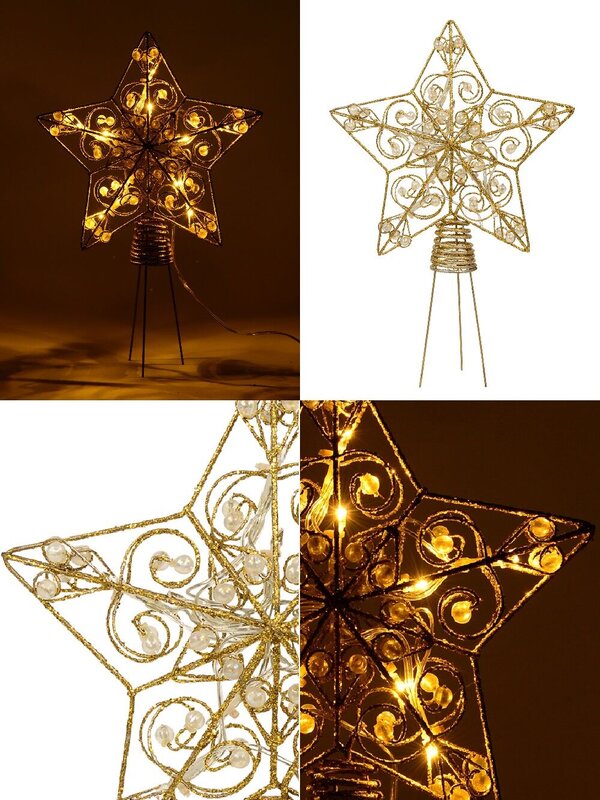 Gold Star With Beads Illuminated Warm White Tree Topper Ornament - 21cm