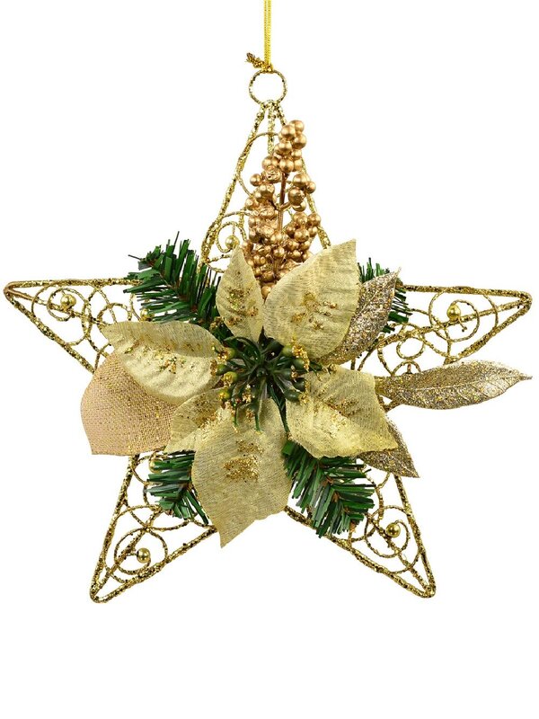 Hanging Decorative 3D Metal Wire Star With Pine & Poinsettia Ornament - 30cm