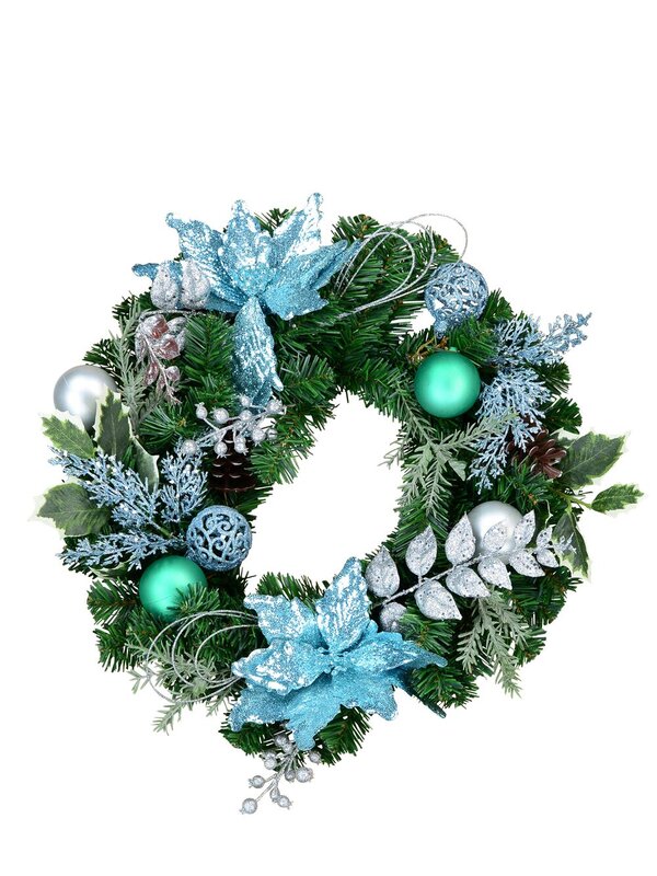 Pre-Decorated Blue Poinsettia, Pine Cone, Foliage & Baubles Pine Wreath - 45cm