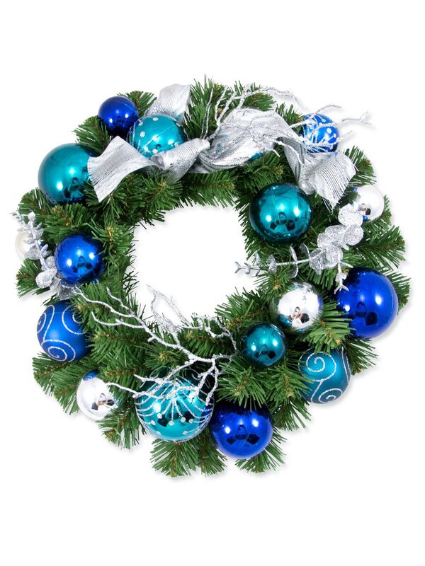Pre-Decorated Blue & Silver Bauble Wreath - 36cm