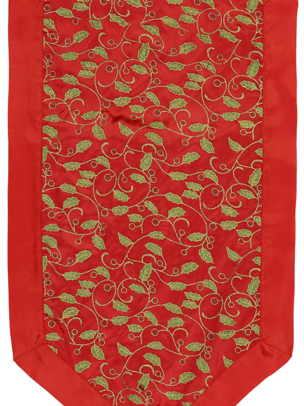 Red Christmas Table Runner With Green Holly Leaf Design &amp; Gold Tassel - 1.4m