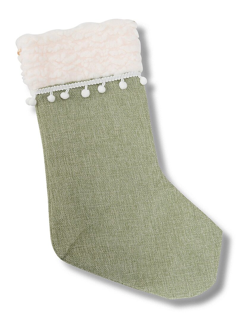 Sage Green Hessian Style Stocking With Sherpa Cuff & Pom Poms | 45cm