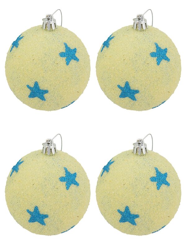 Sand Like Texture Baubles Decorated With Turquoise Stars - 4 x 75mm