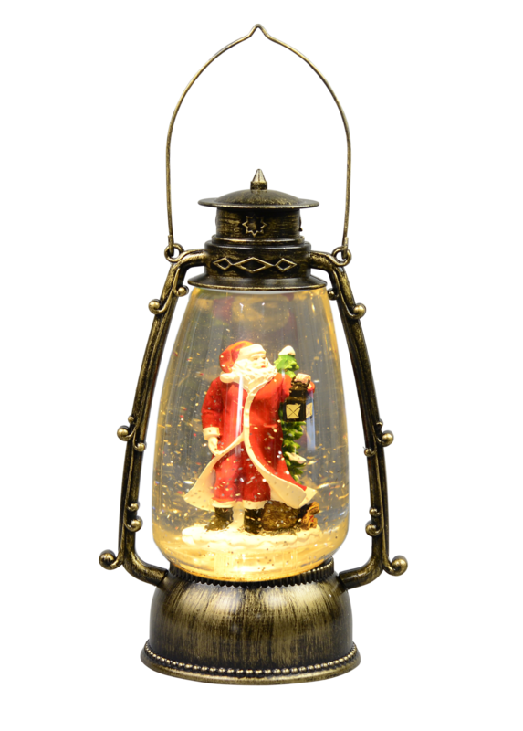 Santa In Antique Look Hurricane Lantern Snow Globe Ornament - 24cm