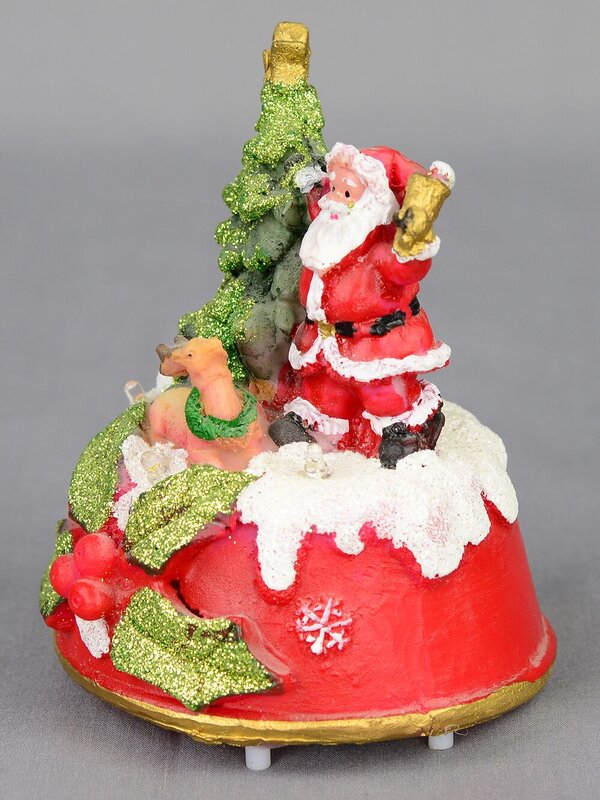 Santa with Tree & Reindeer On Red Snow Covered Dome With LED Lights - 13cm