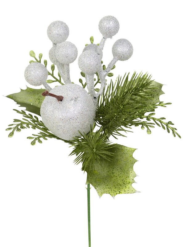 Silver Glitter Apple & Berry Pick With Apple Green Leaves - 20cm