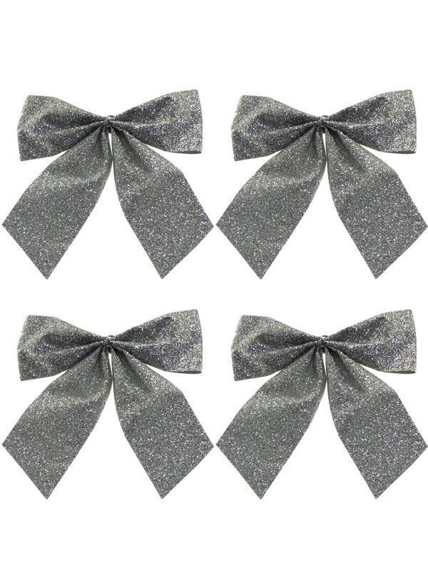 Silver Glitter Christmas Tree Bows - 6 x 80mm