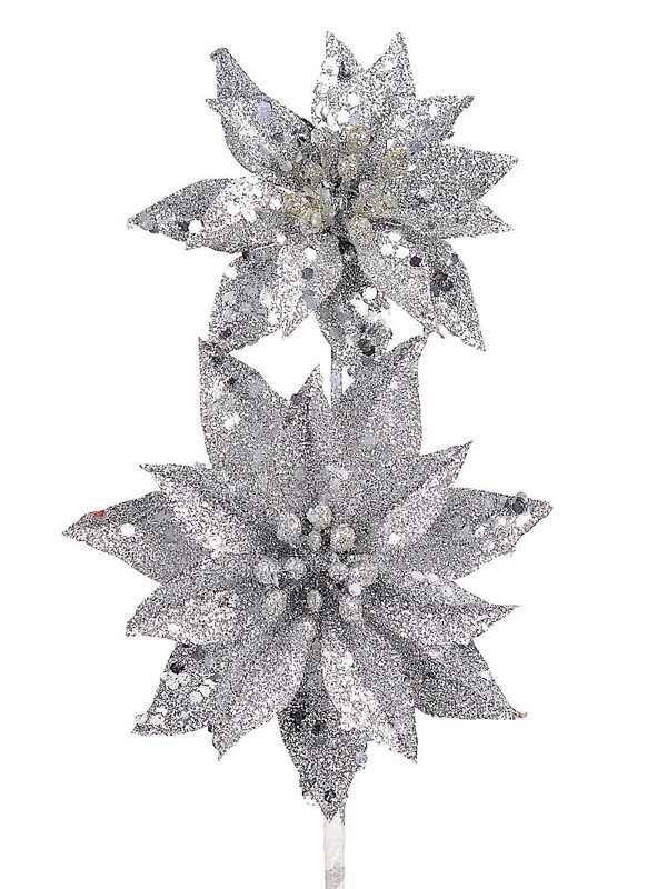 Silver Glitter Poinsettia Pick With 2 Flowers On Single Stem - 30cm