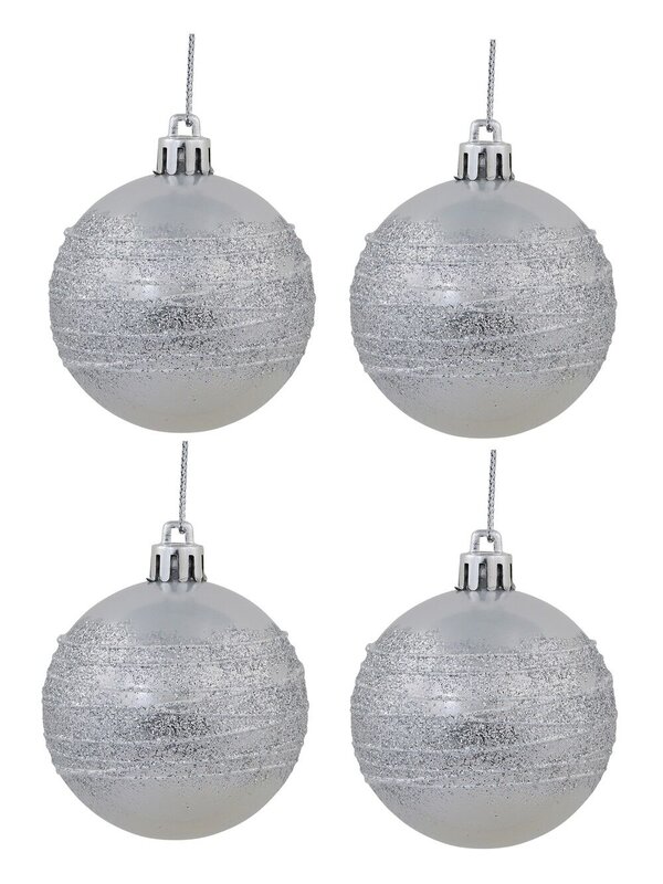 Silver Pearl Baubles With Silver Glittered White Stripes - 12 x 60mm 