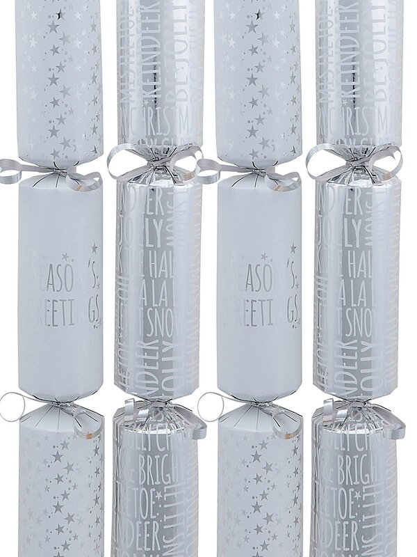 Silver & White Seasons Greetings & Font Christmas Cracker Bon Bons - 12 x 29cm