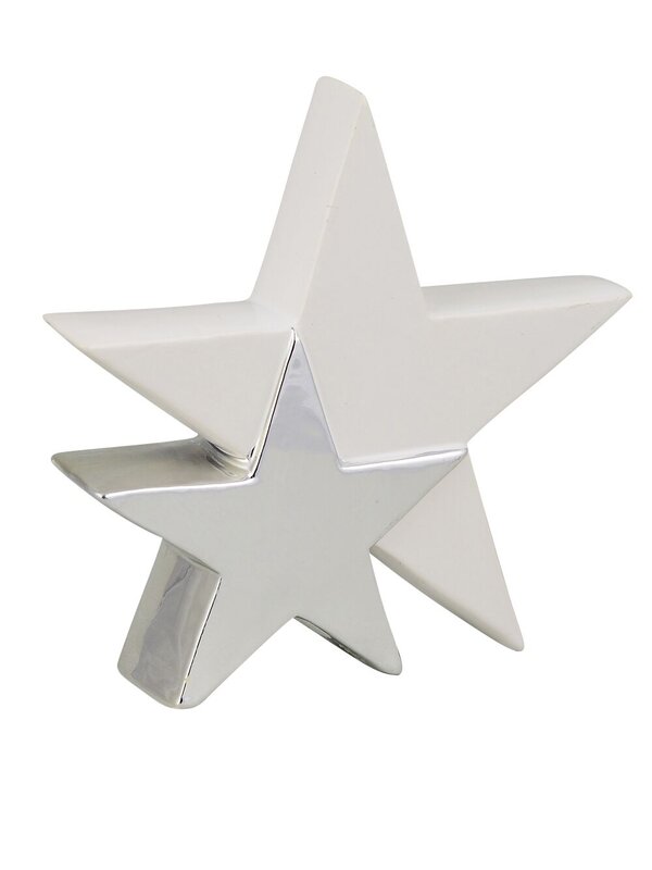 Standing Double Star In White With Silver Ceramic Christmas Ornament - 17cm
